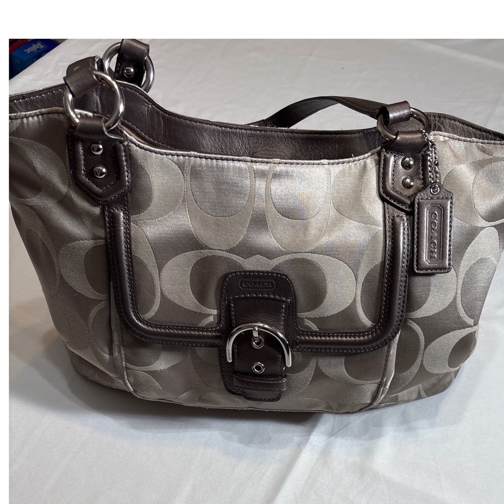 Coach Taylor Signature Sateen Flap Tote Grey Silver Metallic Leather F25294